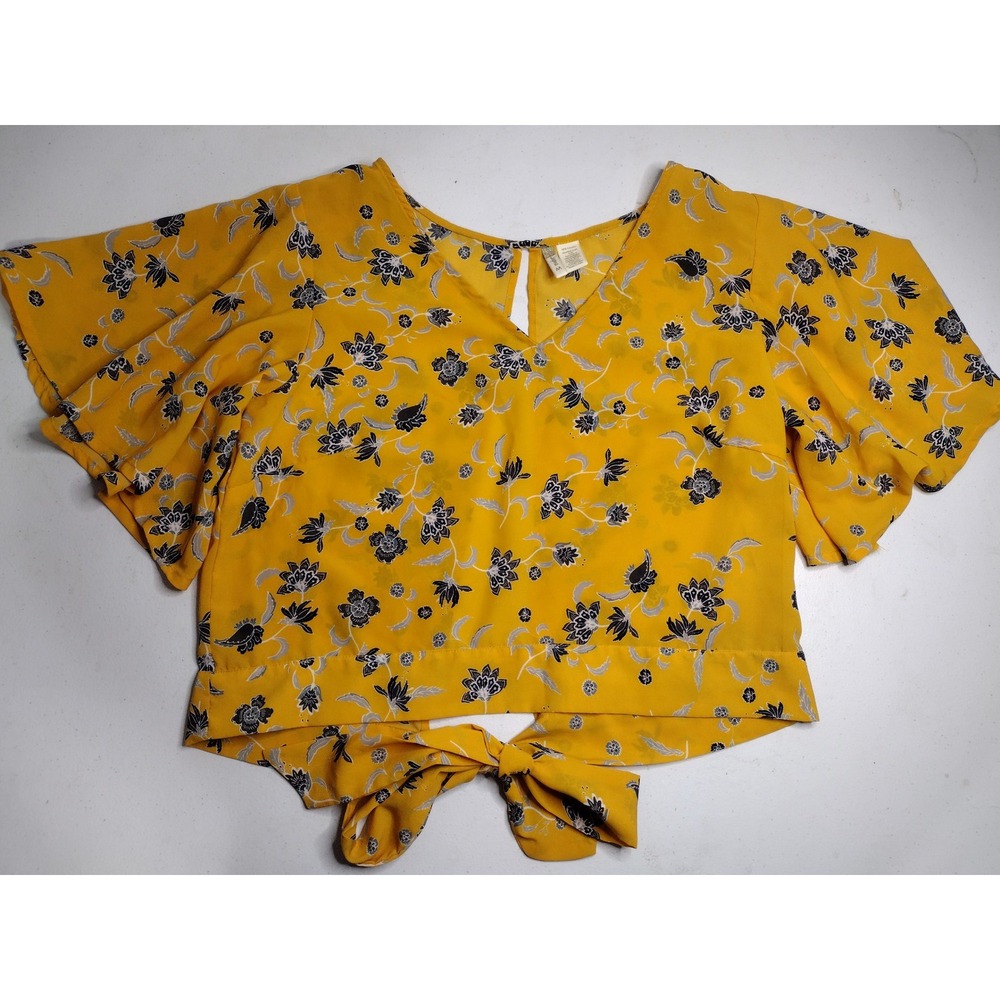 Japna Womens Mustard Yellow Floral Paisley Flutter Sleeve Tie Front Blouse M
